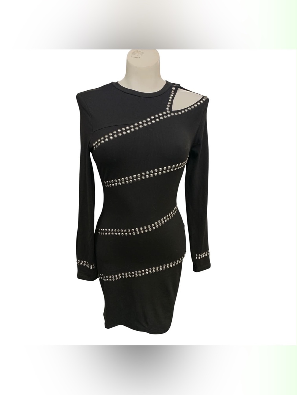 Black Stud-Embellished Cutout Long-Sleeve Bodycon Dress Size S